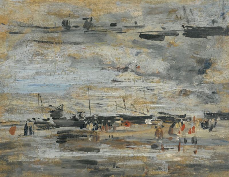 Pintura de paisaje al óleo de Eugène Boudin con horizonte, nubes y luz suave