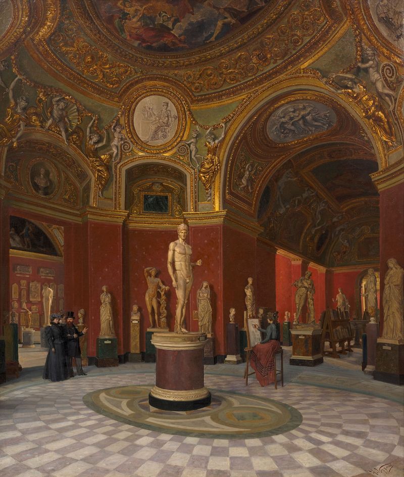 Escena interior con una estatua y un espectador, estilo académico de Felice Vezzani