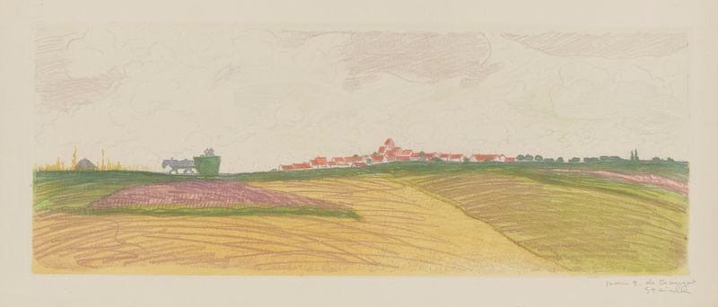 Village et charrette lithograph by Théophile Alexandre Steinlen showing a horse in a village.
