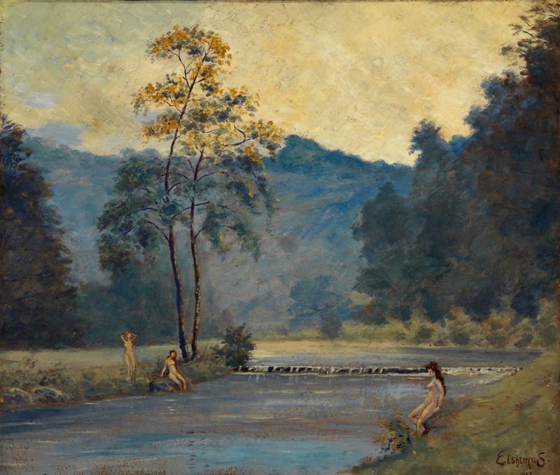 Three girls by the riverbank in soft pastels, oil painting by Louis Michel Eilshemius