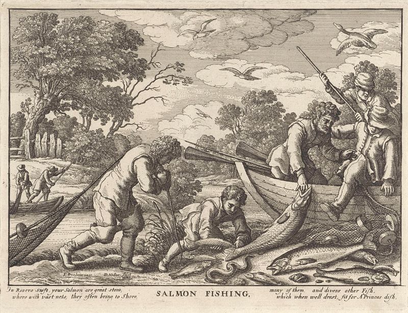 Zalmvisserij grabado de Wenceslaus Hollar que muestra a un pescador solitario en la orilla