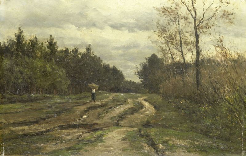 Country road near Laren, oil painting by Willem Roelofs, featuring trees and soft light.