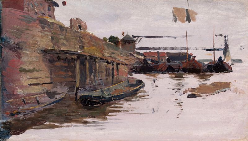 Escena de género que representa trabajadores en tonos terrosos por Aleksander Gierymski, pintura al óleo