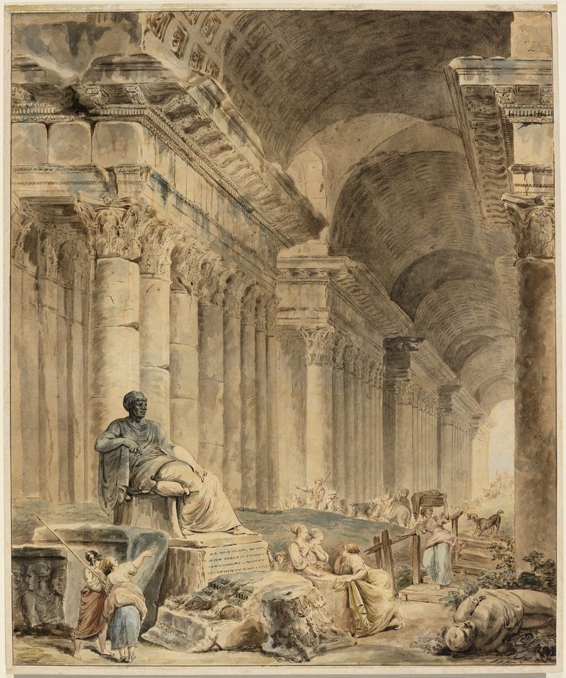 Pintura neoclássica de Hubert Robert com colunas antigas e uma estátua