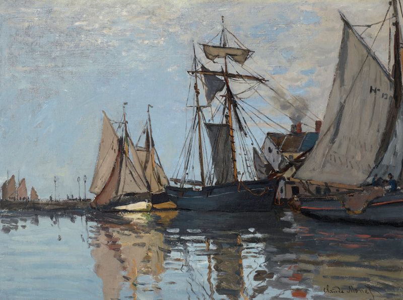 Cena marinha com barcos e reflexos na água, pintura a óleo de Claude Monet