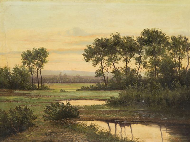 Early Evening Landscape by Ludvík Barták, oil on canvas depicting a tranquil dusk with warm tones.