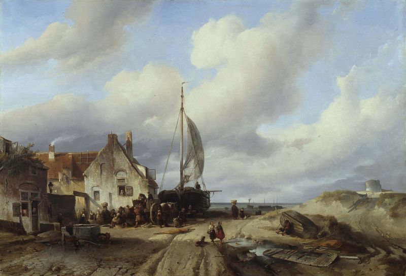 Coastal scene with gentle waves and sunlight, oil painting by Salomon Leonardus Verveer