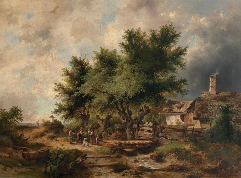 Returning from the Hay Harvest by Dominik Schuhfried, oil painting depicting workers in a landscape.