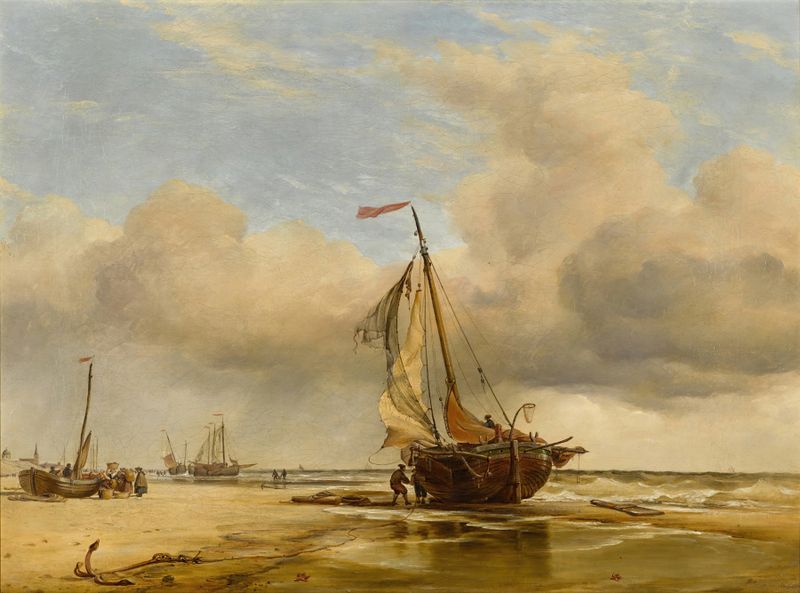 Pintura al óleo de Edward William Cooke que representa una escena de playa con figuras y olas.