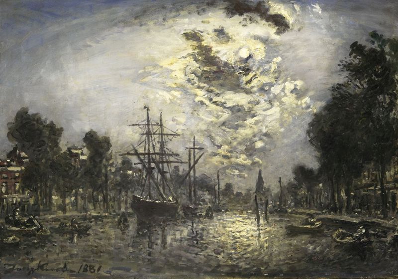 Rotterdam in the Moonlight de Johan Barthold Jongkind, óleo que muestra barcos en el agua de noche.