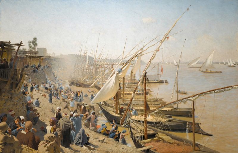 The Nile at Bulak by Adolf von Meckel, impressionist oil painting depicting a river landscape.