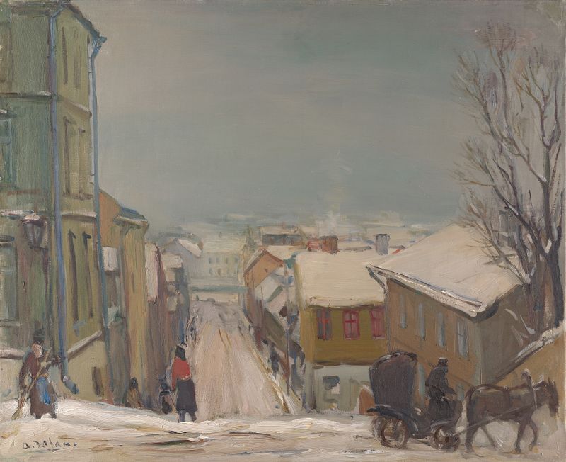 Winter landscape by Andrus Johani, depicting snow-covered hills and a pale blue sky.