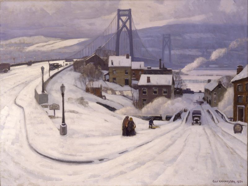 Mid-Hudson Bridge–Winter de Cecil Chichester, óleo sobre lienzo que muestra un puente de acero en un paisaje nevado