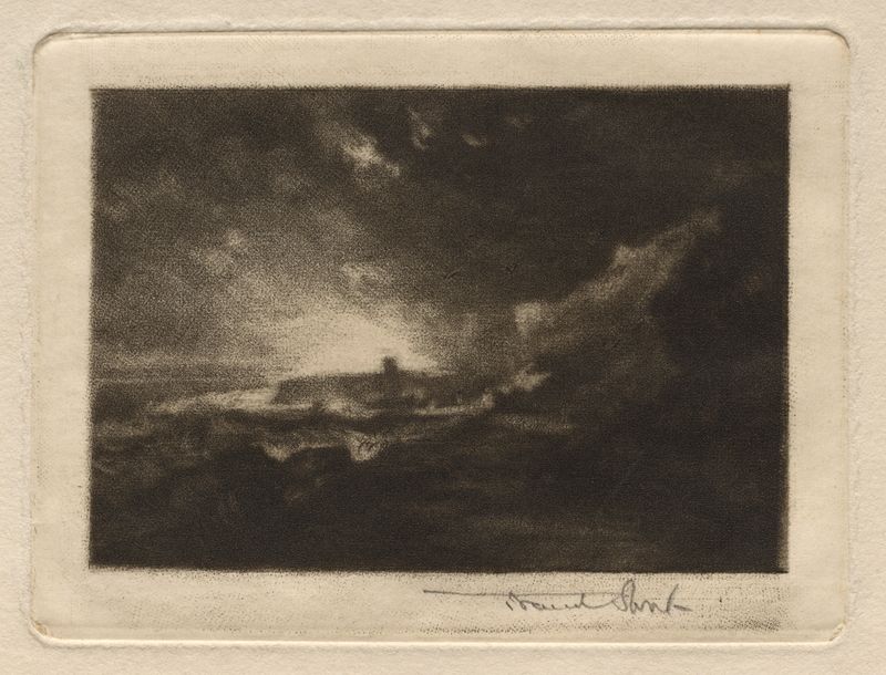 Gravura de Sir Frank Short representando uma paisagem costeira com ondas e figuras.