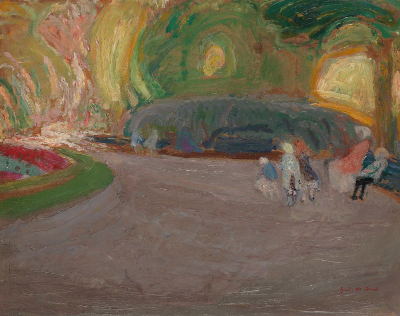 Vondelpark de Gustave De Smet, óleo sobre lienzo, que representa un follaje exuberante y un sendero sereno en el parque.