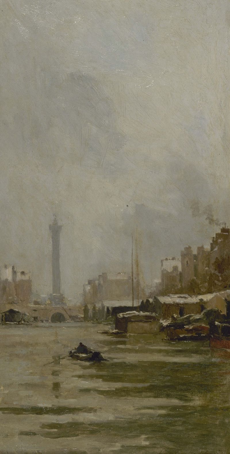 Le bassin de l’Arsenal by Pierre Vauthier, oil on canvas depicting tranquil water and sky.
