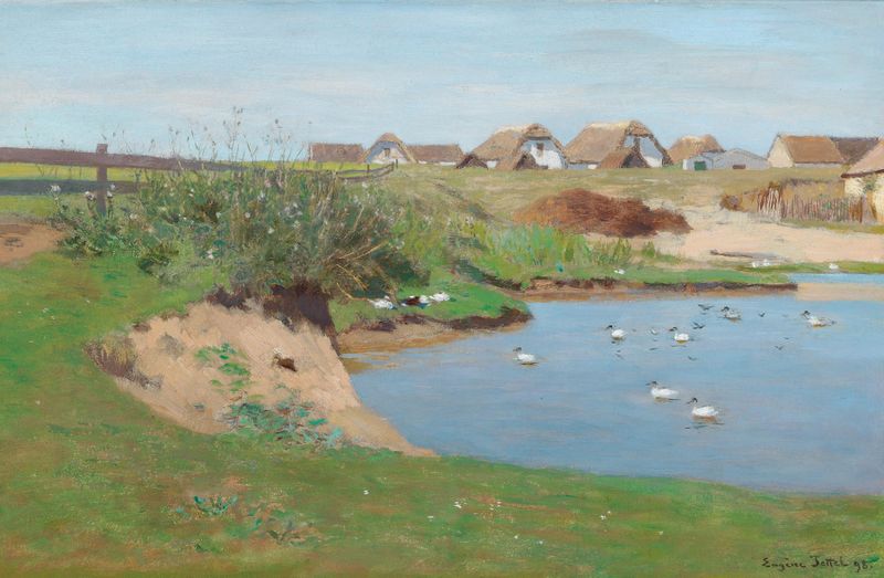 Granjas y un estanque de patos en Staatz, óleo sobre lienzo de Eugen Jettel