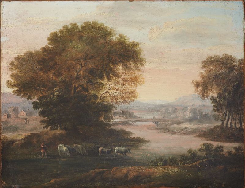 Paisagem pintura a óleo de um artista não identificado com colinas e céu pastel