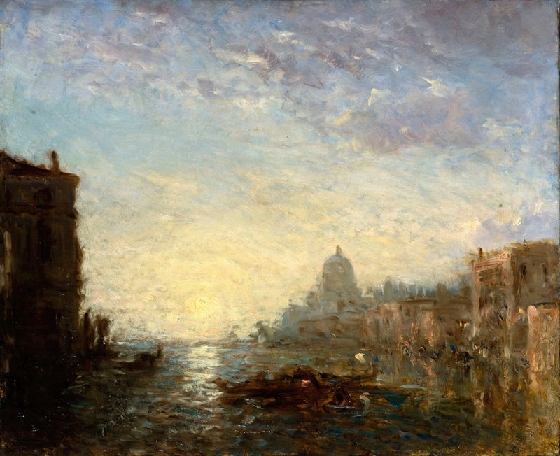 Cena marinha que retrata o amanhecer sobre Veneza por Félix Ziem, pintura a óleo