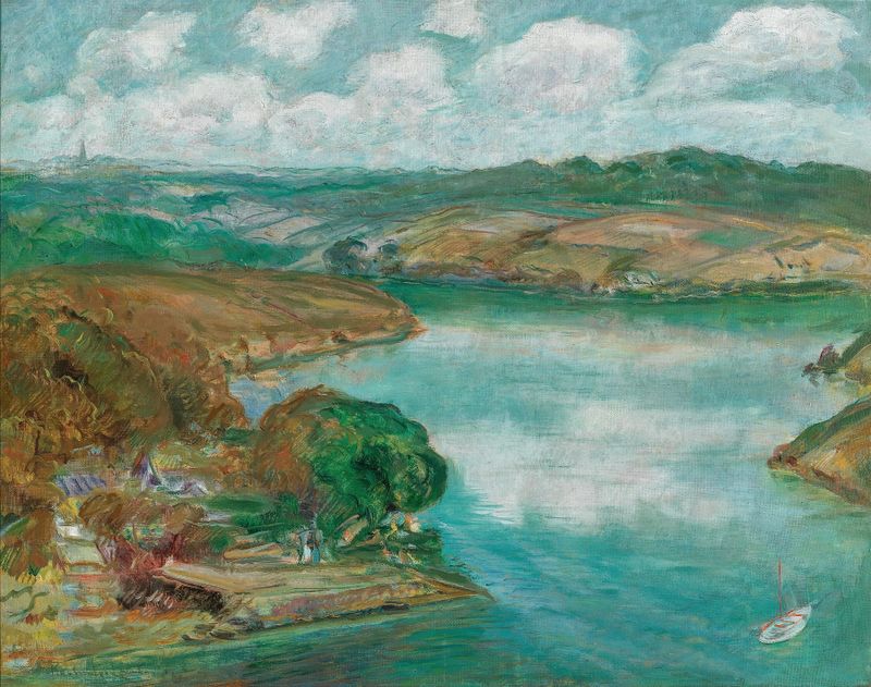 Paysage aux alentours du Bélon de Konstantin Pavlovich Kuznetsov, óleo de uma paisagem de rio tranquila.