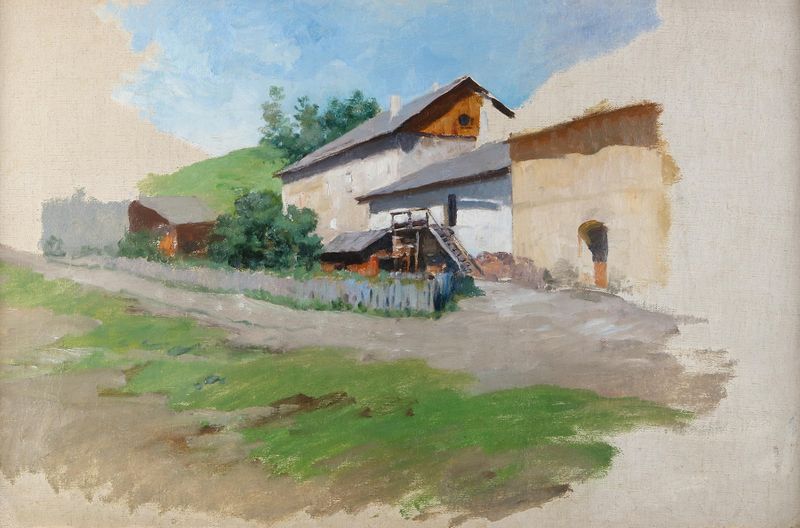 Landscape featuring a rustic farmhouse in golden light by Julius von Blaas