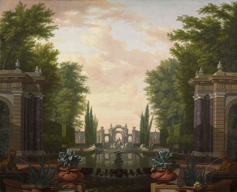 Water Terrace with Statues and Fountains in a Park, oil on canvas by Isaac de Moucheron