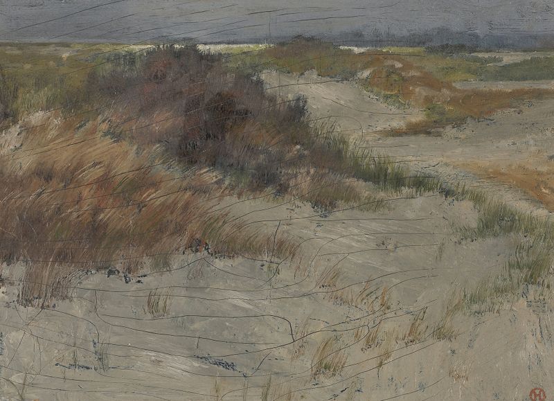 As Dunas de Lindley Hosford, impressionismo, retratando suaves dunas de areia e tons quentes de terra.