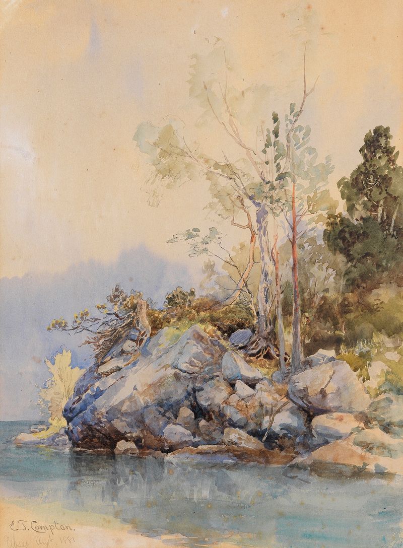 Paisagem de Eibsee por Edward Theodore Compton, pintura a óleo que retrata lago tranquilo e montanhas
