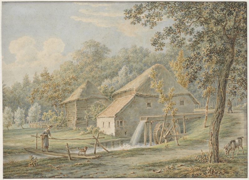 Landschap met watermolen de Pieter de Goeje, óleo sobre lienzo, que muestra un río y un molino de agua bajo un cielo suave.