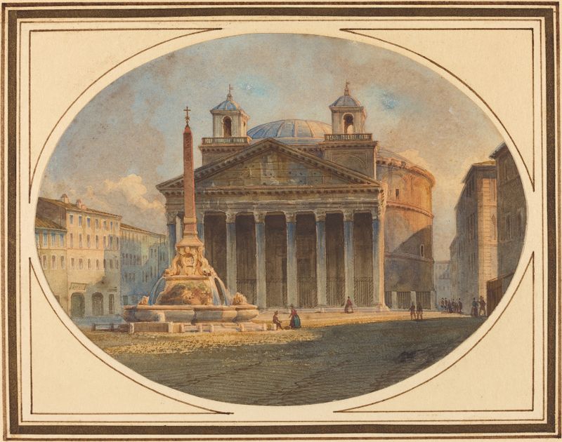 O Panteão de Victor-Jean Nicolle, aquarela sobre papel, apresentando grandes colunas e detalhes arquitetônicos.