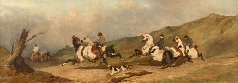 Escena figurativa de un jinete con un caballo de carreras en un establo, pintura al óleo de Alfred De Dreux