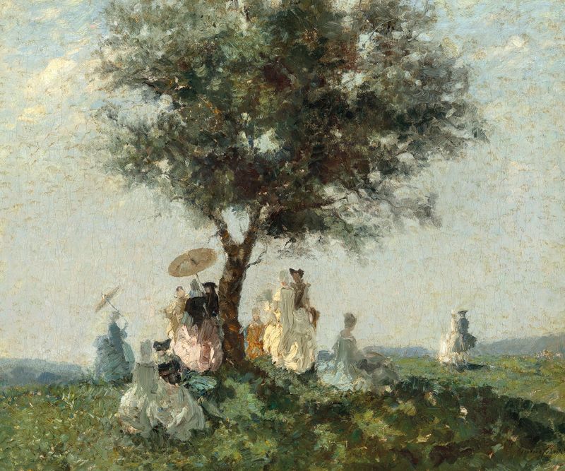 Genre scene depicting a picnic with sunlight, oil on canvas by Emma Ciardi