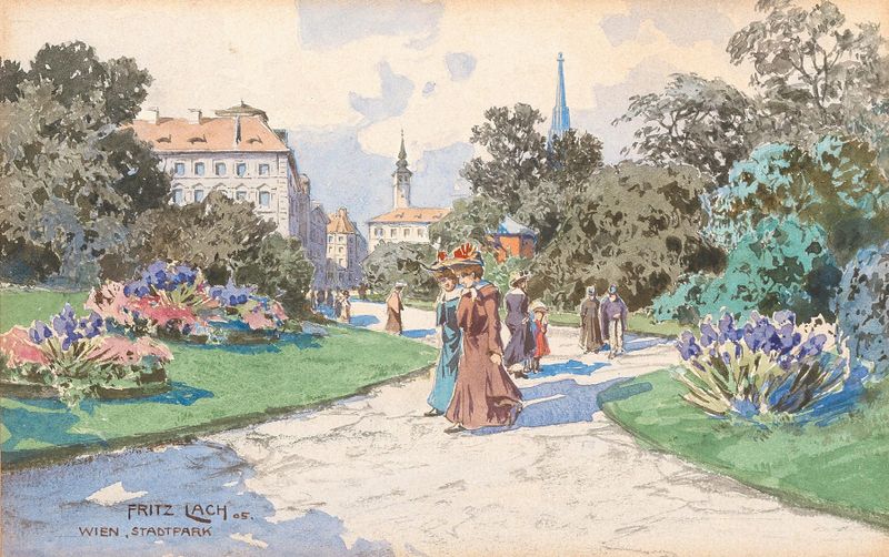 A walk in Vienna’s Stadtpark, oil on canvas by Fritz Lach, depicting a serene park scene.
