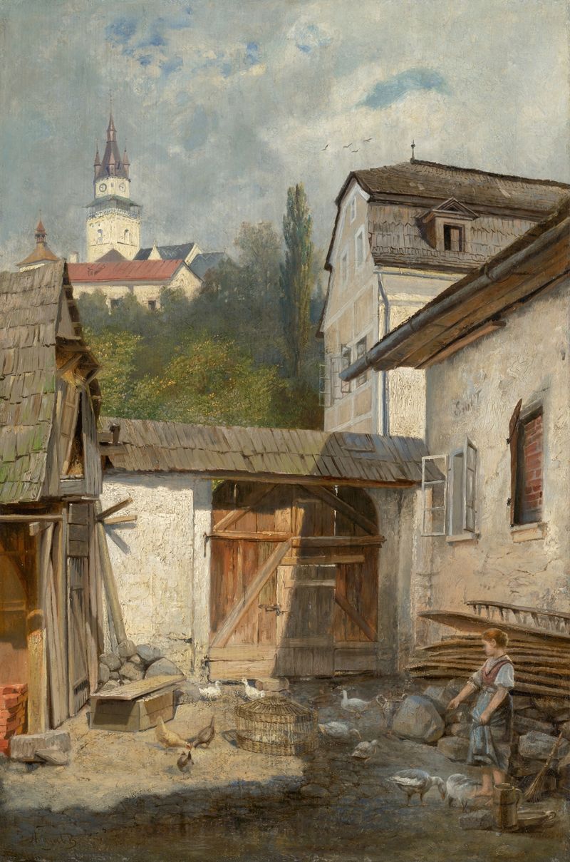 Courtyard in Kremnica by Vojtech Angyal, realism, depicting a sunlit cobblestone courtyard.