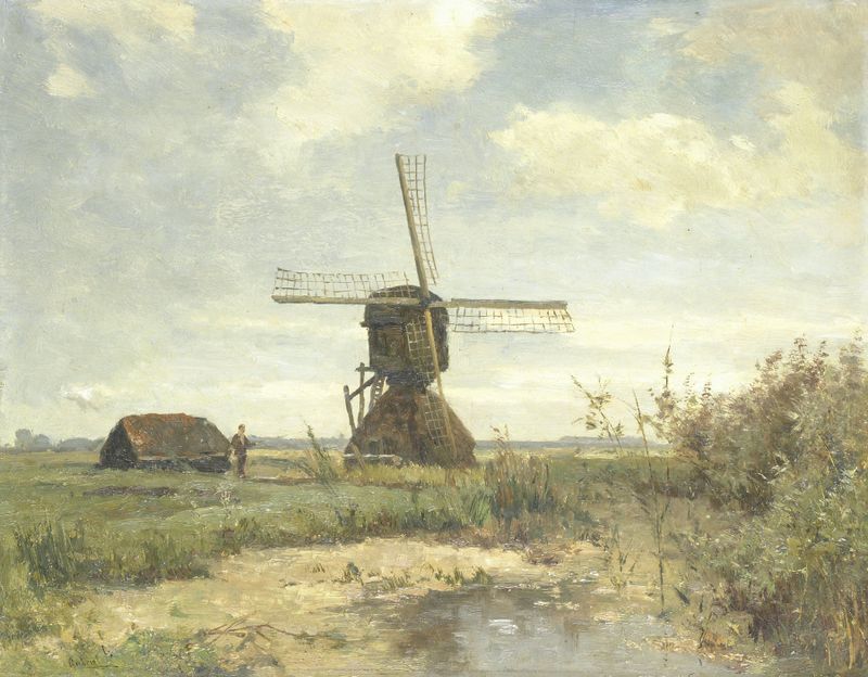 Impressionist oil painting by Paul Joseph Constantin Gabriël depicting a windmill on a waterway