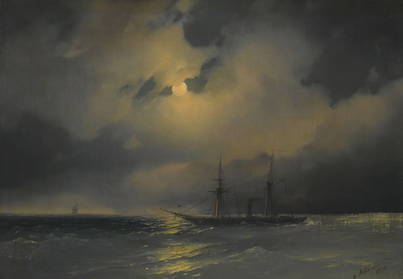 Shipping In Moonlight, oil on canvas by Ivan Konstantinovich Aivazovsky, depicting ships under a luminous moon.