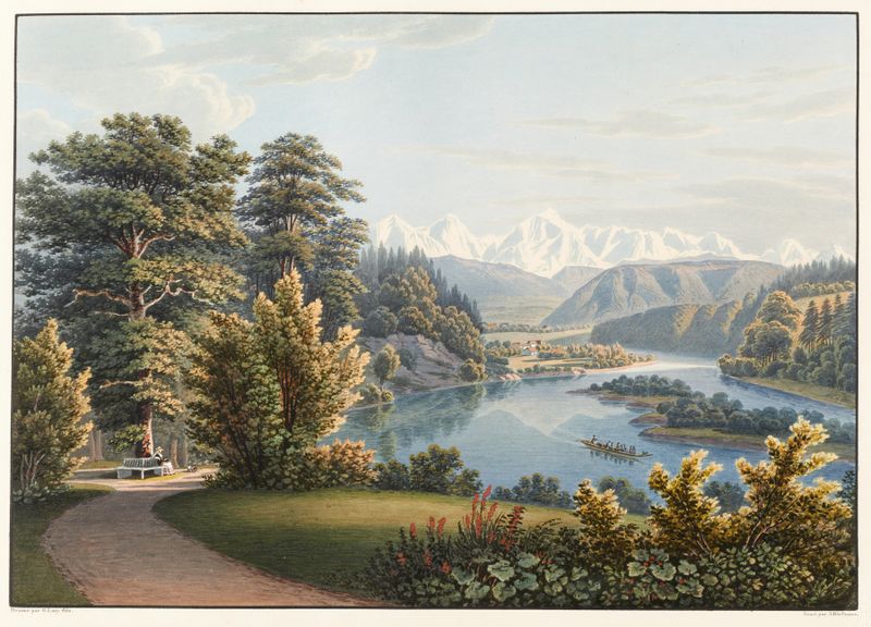 Watercolour by Gabriel Lory the Younger depicting a garden landscape with golden light.