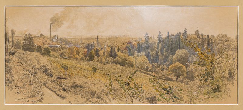 Vista de paisagem com colinas e vila, óleo sobre tela de Anton Hlavacek