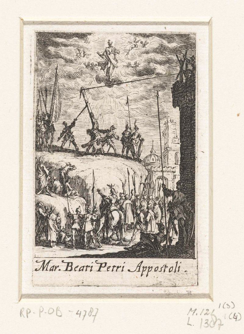 Gravura de Jacques Callot retratando uma cena serena de martírio de Petrus.