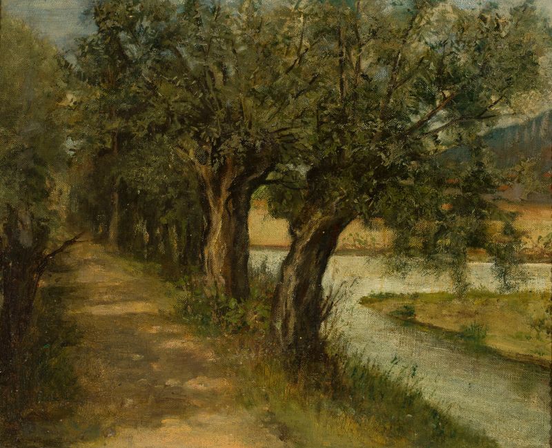 Road at waterside by Marie Ibsen Jensen, oil painting depicting a road by water.