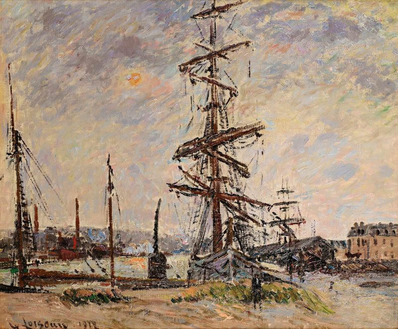 Bateaux À Quai Au Havre de Gustave Loiseau, pintura al óleo que muestra barcos en un puerto