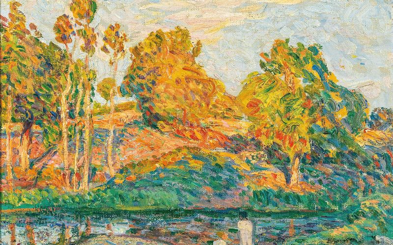 Oil painting by Henri Lebasque depicting a serene river with lush greenery.
