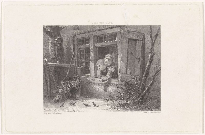 Engraving by Christiaan Lodewijk van Kesteren depicting birds outside a snowy window