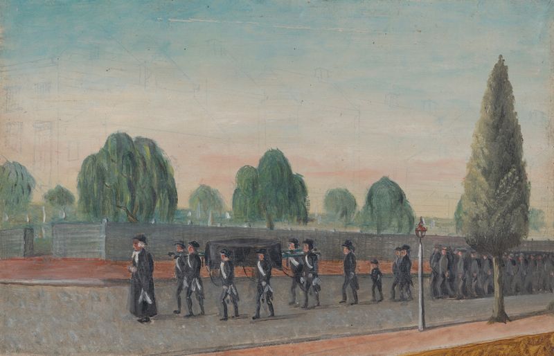 Adult Funeral Procession by William P. Chappel, oil on canvas showing a somber crowd in mourning.