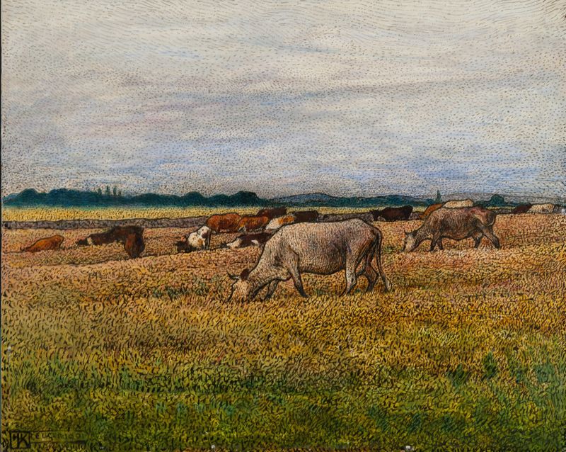 Landscape with Cows de Nils Kreuger, impressionismo, retratando vacas em um pasto exuberante.