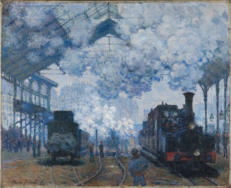The Gare Saint-Lazare: Arrival of a Train by Claude Monet, oil on canvas, depicting a train station scene.