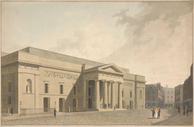 Engraving by William Daniell depicting the New Theatre Royal Covent Garden at sunset