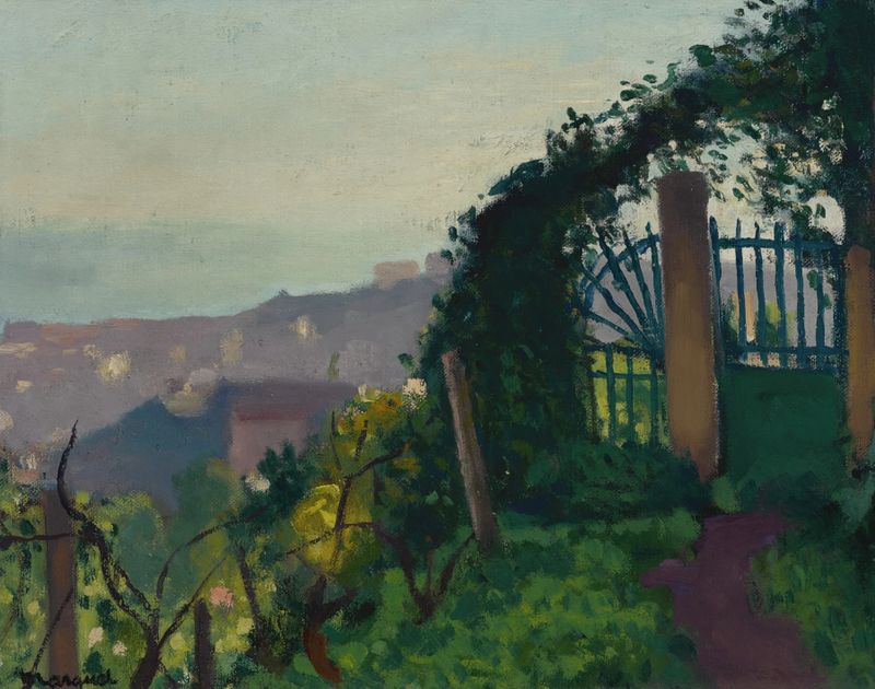 Le Portail dans la verdure de Albert Marquet, pintura al óleo con una puerta de hierro rodeada de vegetación exuberante.