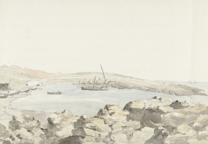 Cena marinha com barcos de pesca e luz do sol de Abraham-Louis-Rodolphe Ducros