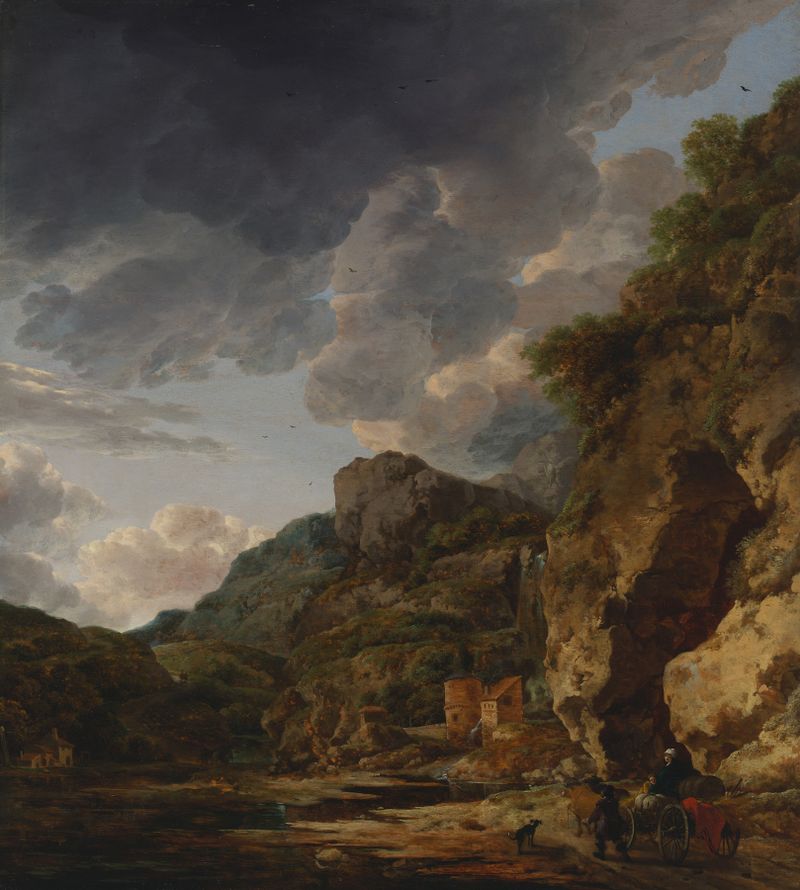 Paisaje montañoso con río y carro, óleo sobre lienzo de Herman Nauwincx